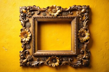 Ornate Blank Picture Frame on Vibrant Yellow Wall - Conceptual Photography