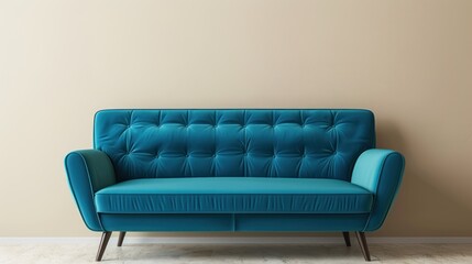 Teal Velvet Sofa Against Beige Wall