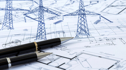 Detailed Engineering Plans and Blueprints for Power Lines with Pens Ready for Review