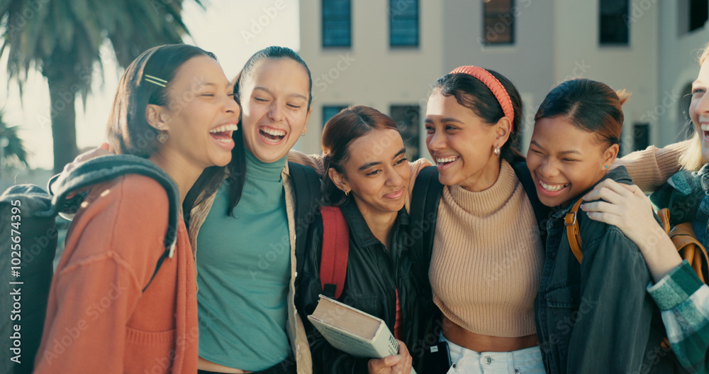 Canvas Prints Friends, girls and students with backpack laughing together at campus for funny conversation and college joke. University, people and diversity with bonding, learning break and happy for scholarship