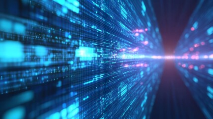 Data transfer concept with vibrant lights. 3D graphic represent digital data transfer with Technology advancement, innovation and AI.