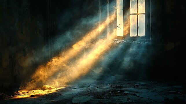 Sunbeams stream through a dusty window in an abandoned building.