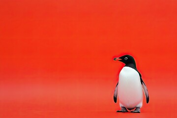 Fototapeta premium A Single Penguin Standing on a Red Background