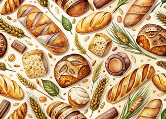 Rye Bread and Baguette Watercolor Seamless Pattern for Bakery and Culinary Designs