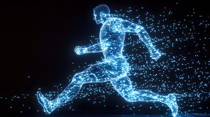 Fototapeta premium 27. A luminescent hologram of a human figure in a sports pose, illustrating movement