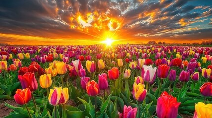 Vibrant Tulip Fields Under a Stunning Sunset