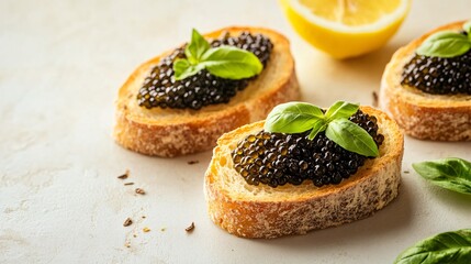Elegant caviar crostini, isolated on a soft cream background with fresh basil and lemon zest