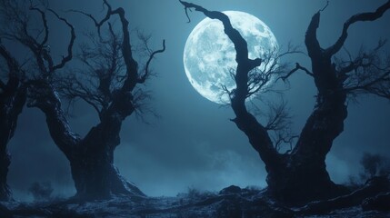 An empty scene featuring shadowy outlines of gnarled trees with faces in their trunks silhouetted against the full moon, creating an ideal product mockup space, 