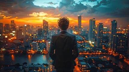 A professional looking out of a high-rise office window, the city skyline in the background, showcasing a moment of contemplation. 