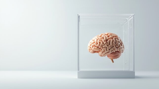 A brain encased in a rigid, unbreakable glass box, symbolizing a Fixed Mindset.