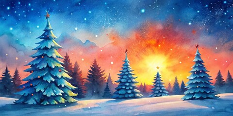 Naklejka premium Magical Winter Wonderland Christmas Scene with Pine Trees and Sunset