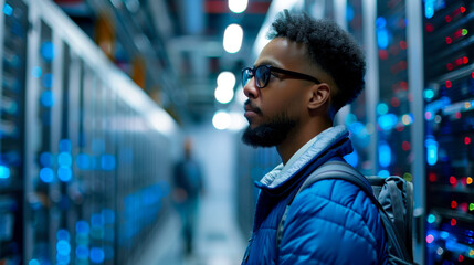 focused cloud computing engineer analyzing data in server room, surrounded by advanced technology and illuminated servers. atmosphere is one of innovation and expertise