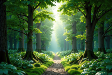 Obraz premium Sun shining through trees on path leading through green forest