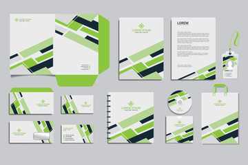 Editable vector Brand Identity concept of stationery Mock-Up set with green and white abstract graphics design. Branding stationery mockup template of File folder, annual report, AD banner