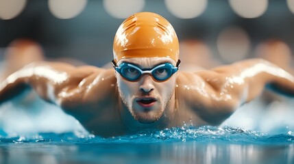 A focused swimmer performing a butterfly stroke in a competitive swimming pool, showcasing determination and skill with water splashing around.