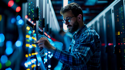 network engineer in data center is troubleshooting equipment, surrounded by glowing server racks and colorful LED lights, showcasing high tech environment