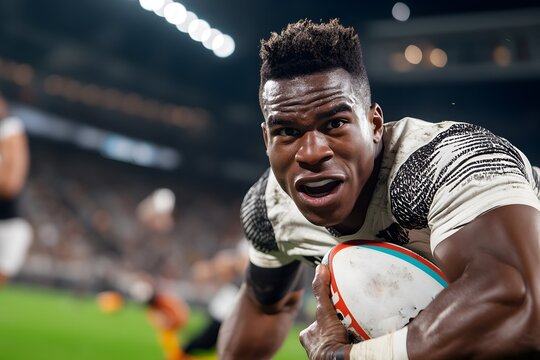 A determined rugby player dives to score a try during a night game, showcasing athleticism and intensity on the field.