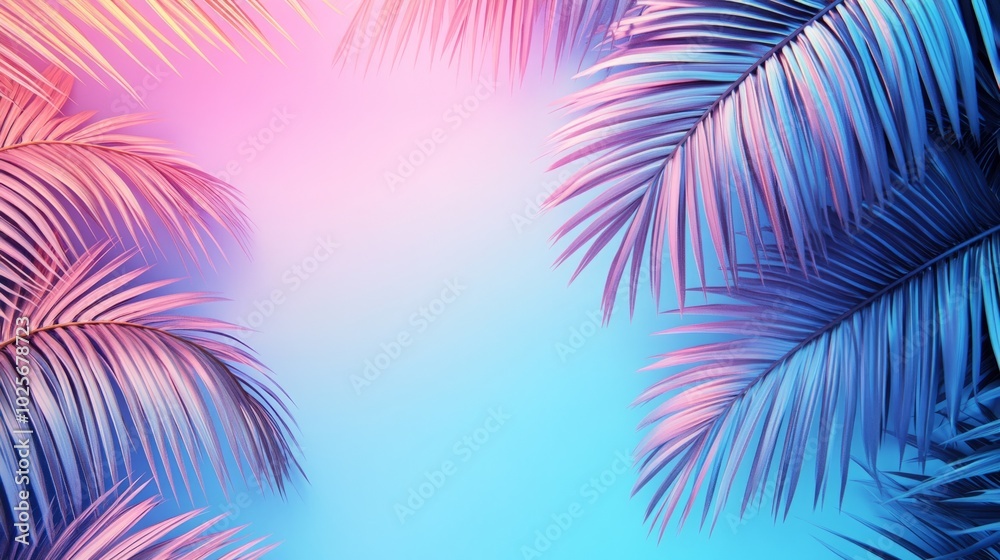 Poster a blue and pink background with a palm tree in the foreground