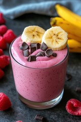 A delicious smoothie topped with banana slices and chocolate chips, surrounded by raspberries.