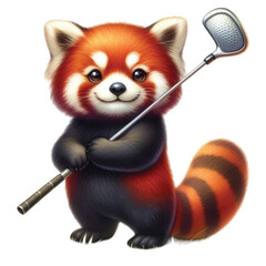 Obraz premium Red panda holding a golf club clipart watercolor