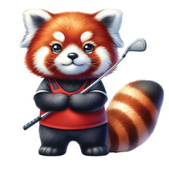 Obraz premium Red panda holding a golf club clipart watercolor
