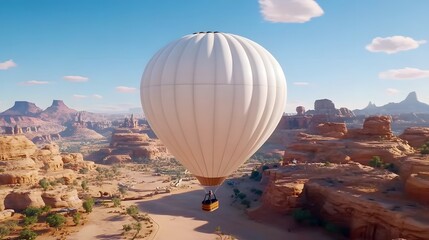 Obraz premium A hot air balloon floats above a desert landscape, showcasing stunning rock formations and a clear blue sky.
