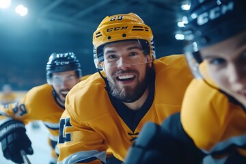 A joyful hockey player in a yellow jersey smiles, surrounded by teammates, capturing the energy of the game in an ice rink.
