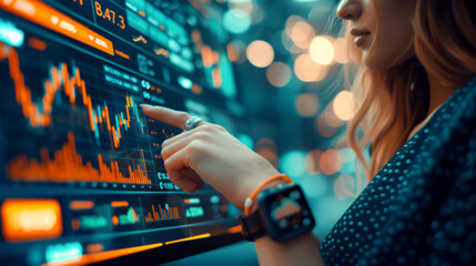 woman wearing smartwatch interacts with digital tablet displaying financial data and stock market trends. vibrant colors and dynamic graphs create engaging atmosphere