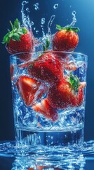 A glass filled with sparkling water and fresh strawberries, creating a refreshing drink.