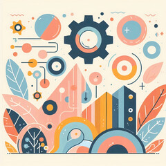 Abstract geometric shapes with leaves, gears, and circles in a pastel color palette, symbolizing balance and creativity