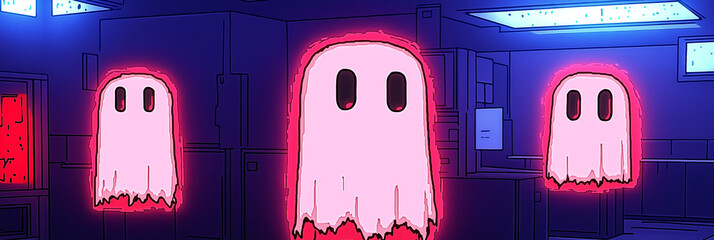Pixelated 8-bit Halloween ghost in cute style, ideal for a spooky game background