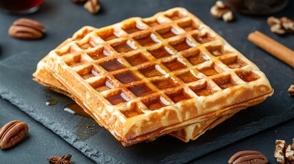 Crispy Belgian waffles drizzled with maple syrup, isolated on a dark slate background with decorative pecans and cinnamon sticks