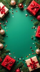 Festive holiday presents surrounded by greenery and ornaments on a vibrant green backdrop creating a cheerful celebration atmosphere