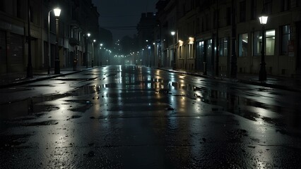 Moody Urban Nightscape: Wet Pavement Reflecting Streetlights on a Quiet City Street
