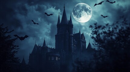 An empty scene featuring the silhouette of a dark castle with bats flying around its towers under a luminous full moon, creating an ideal product mockup space