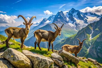 Majestic Alpine Ibex Mountain Goats Grazing in Stunning Rocky Terrain Under Clear Blue Skies in the Alps