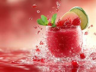 A refreshing drink splashing in water with fruits and mint leaves.