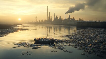 Obraz premium A Boat Filled with Plastic Waste Floating in a Polluted River at Sunset