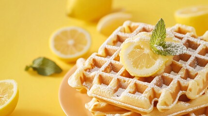 Sweet waffles topped with lemon curd and powdered sugar, isolated on a pastel yellow background with decorative lemon slices and mint