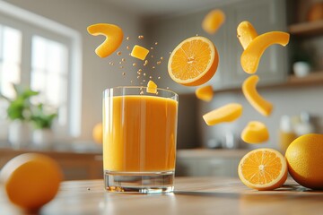 Naklejka premium A refreshing glass of orange juice surrounded by floating orange slices.