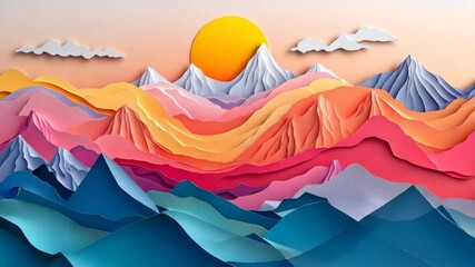 A vibrant paper craft depicts a mountainous landscape at sunset, with layers of colorful paper creating a three-dimensional effect - Powered by Adobe