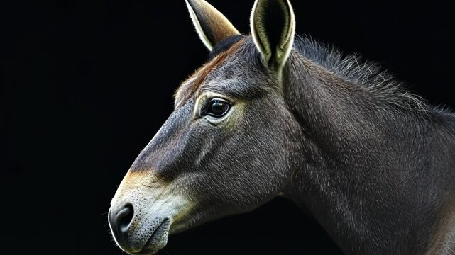 A gray donkey looks to the left, with its head tilted slightly, against a black background