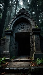 Ancient Crypt Hidden in a Shadowy Forest with Haunting Ghouls and Dark Architecture