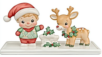 Fototapeta premium Cute Christmas Figurines of Boy and Reindeer