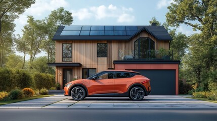 Fototapeta premium A beautiful villa with an electric car parked at the entrance and solar panels on the roof, promoting a sustainable lifestyle for young families. The concept of green energy and future sustainable