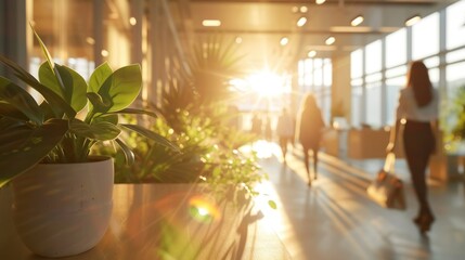 Obraz premium Close-up of a potted plant with a blurred background of a sunny hallway with people walking.