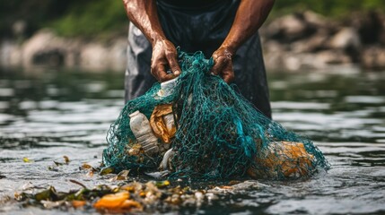 Person Holding a Net Filled with Plastic Waste in a River