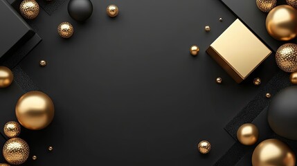 Fototapeta premium Golden and Black Spheres and Cubes on a Black Background
