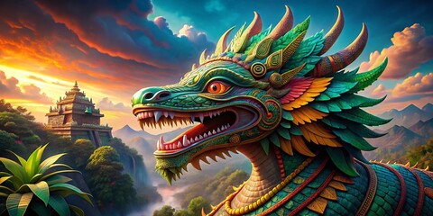 Fototapeta premium Majestic Aztec Dragon Quetzalcoatl Symbolizing Power and Mythology in Ancient Mesoamerican Culture and Artistry