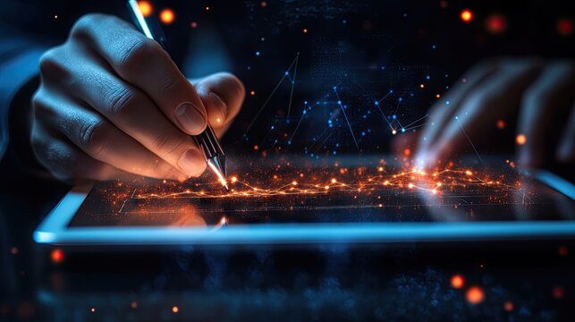 A businessman hands using a stylus pen to sign a digital contract on a tablet, highlighting modern business practices and technology integration.